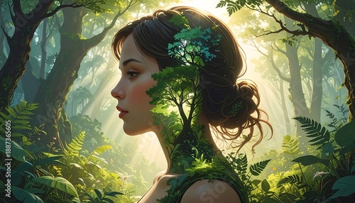 Portrait of a woman with a tree image integrated within her form, blending nature and human