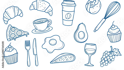 Collection of Hand Drawn Food and Drink Items Doodle Style.
