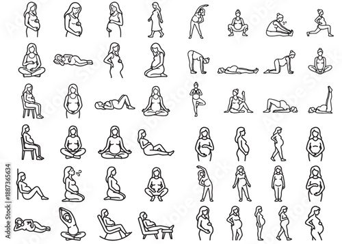 Pregnancy yoga line icons set vector illustration on transparent background