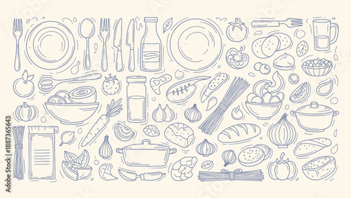 Collection of Hand Drawn Food Ingredients and Kitchen Utensils.