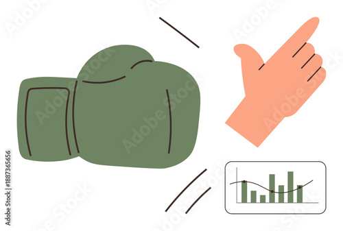 Business success, competition, growth analysis, performance impact, overcoming challenges, data insights. Green boxing glove, hand gesture and chart. Growth analysis and competition