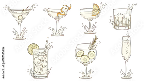 Collection of Hand-Drawn Alcoholic Cocktails and Refreshing Drinks.