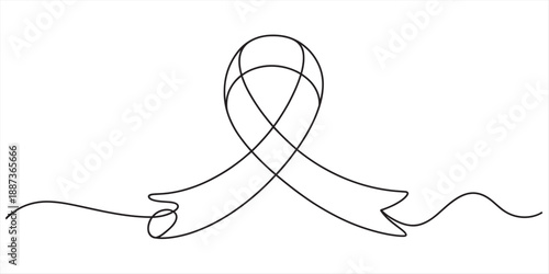 Continuous line art drawing of an awareness ribbon, symbolizing support and solidarity