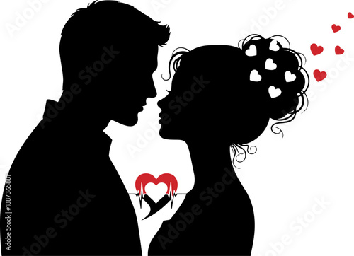 Couple Silhouette with Heart and Love.