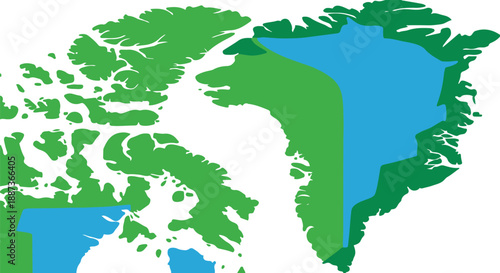 Vector map illustration of Greenland and the Canadian Arctic Archipelago depicted in a stylized green and blue flat design.
