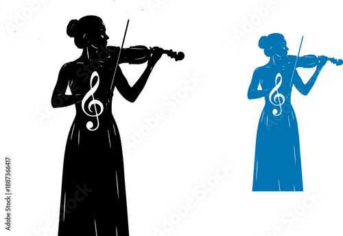 Female Violinist Silhouettes with Treble Clef.