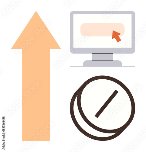 Business growth, online navigation, restrictions, progress tracking, digital communication, prohibited actions. Up arrow, computer screen with a pointer and crossed circle. Business growth