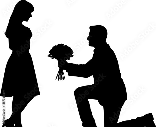 Man Proposing to Woman with Flowers.
