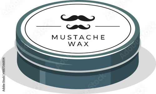 Close-up of a minimalist blue-green metal tin of mustache wax with a white label featuring a double mustache icon, essential for men's grooming routines.