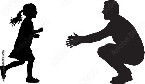 Silhouette of Man and Little Girl Running.