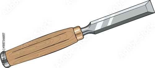 Illustration of a classic woodworking chisel featuring a light brown wooden handle and a sharp, polished steel blade, ideal for crafting and carving projects.