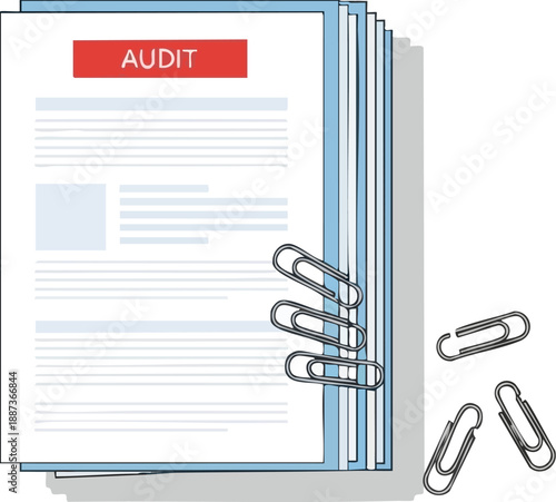 Professional audit documents stack, neatly arranged with visible paperclips, representing financial inspection and corporate accountability.