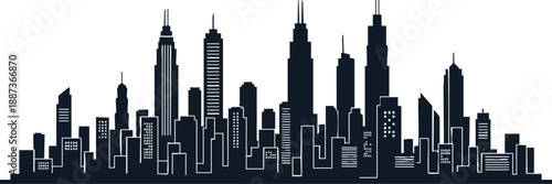 Minimalist cityscape silhouette vector illustration featuring a modern urban skyline with various tall buildings and clear white background, perfect for design projects.