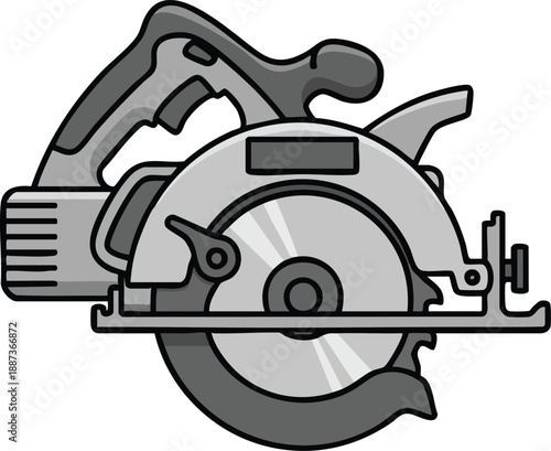 Illustration of a gray and black professional power circular saw with a rotating blade, essential for construction and woodworking projects