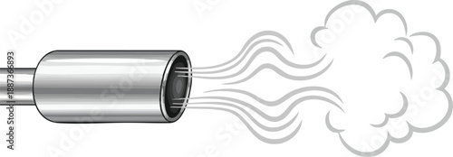 Illustration of a shiny chrome car exhaust pipe emitting gray smoke or steam, representing vehicle emissions and pollution.