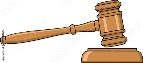 Cartoon illustration of a classic wooden judge's gavel and sound block, symbolizing justice, law, and legal authority.