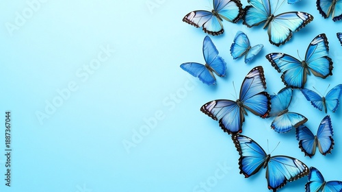 A beautiful arrangement of blue butterflies against a vibrant backdrop, evokes feelings of freedom and transformation