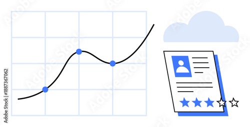 Line graph with plotted data points showing upward trend alongside user profile with star rating. Ideal for analytics, performance, feedback, reviews, growth, data management, cloud storage. Simple