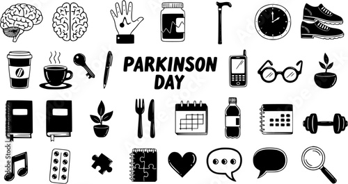 Parkinson's Disease Awareness Day Hand-Drawn Doodle Line Art Icon Collection. Medical  Daily Life Black and White Glyphs.