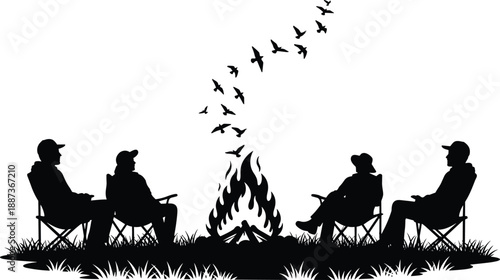 Black silhouette of people sitting around campfire with birds flying above, outdoor camping scene representing friendship, relaxation, storytelling, adventure, nature lifestyle, and evening leisure 