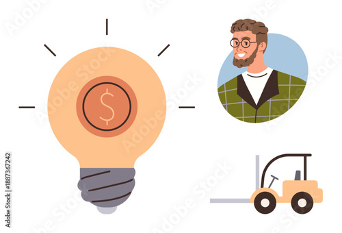 Business growth, entrepreneurship, innovation, logistics, industrial solutions, finance. A light bulb with a dollar sign, a man s portrait and a forklift. Business growth and entrepreneurship