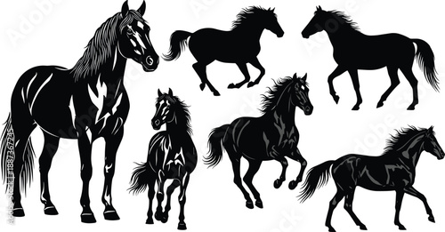 Black silhouette set of horses in different running and standing poses, powerful equine figures illustration ideal for wildlife design, western themes, ranch branding, sports logos, and nature artwork