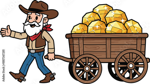 Cartoon cowboy character pulling wooden wagon filled with gold nuggets, colorful western illustration representing mining, treasure, adventure, frontier life, wealth concept, and mascot design