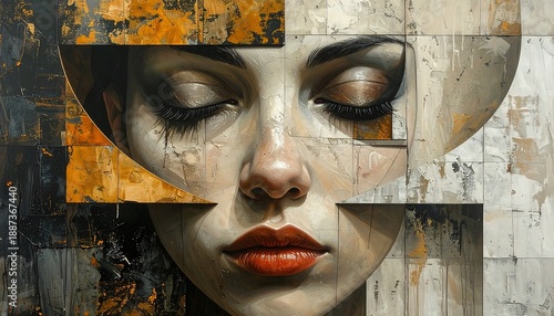 Portrait of a woman with closed eyes, juxtaposed with abstract geometric shapes. Blend of realistic and abstract styles