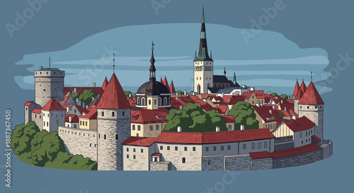 Medieval Castle Buildings with Red Roofs.