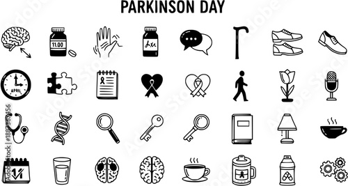 Parkinson's Disease Medical Health Awareness Line Art Vector Icon Set. Symptoms, treatment, and support symbols for neurological conditions.