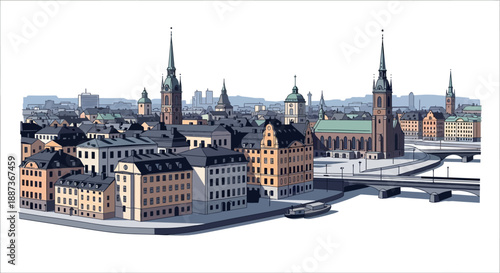 3D Model of Cityscape with Historic Buildings.