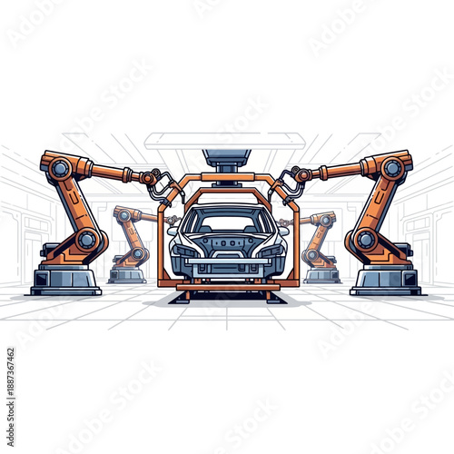 Robotic Arms Assembling Car in Factory.