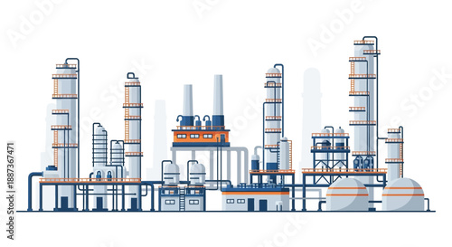 Industrial Factory Complex with Towers and Pipes.