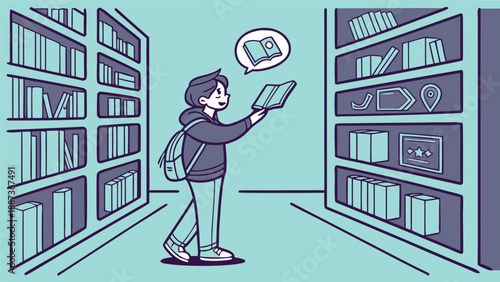 Seeking Wisdom in the Stacks: A student explores a library's treasures, contemplating a journey within the pages of a book, surrounded by towering shelves of knowledge.