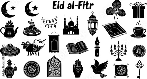 Eid al-Fitr Black  White Glyph Icons Collection. Islamic Religious and Cultural Symbols for Celebration Design Elements.