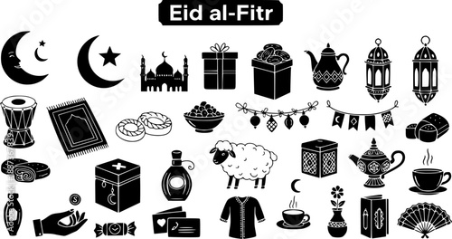 Eid al-Fitr Islamic Holiday Glyph Icons Set. Black  White Ramadan Celebration Symbols and Muslim Culture Elements Collection.
