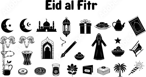 Black and White Glyph Eid al-Fitr Icon Set. Vector Collection of Islamic Religious, Muslim Cultural, and Celebration Symbols and Elements.