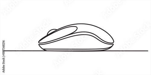 Continuous line drawing of a computer mouse on a white background, representing technology