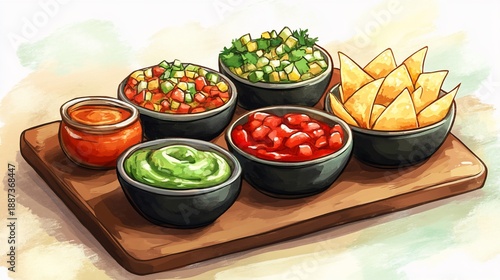 Delicious Assortment of Dips and Nachos on Wooden Board Illustration