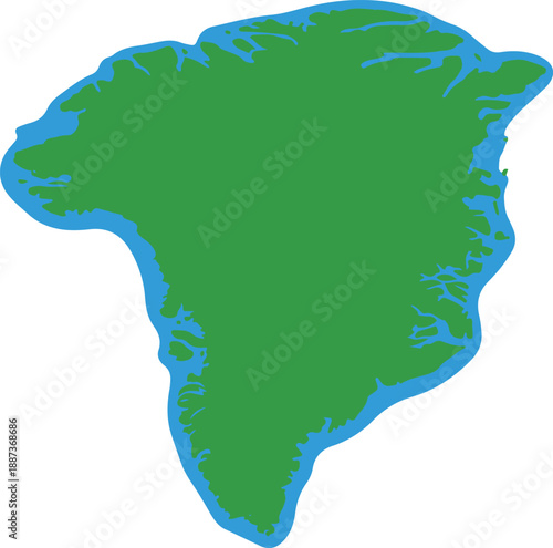 Vector map illustration of Greenland featuring a green landmass silhouette with a thick blue outline isolated on a white background.