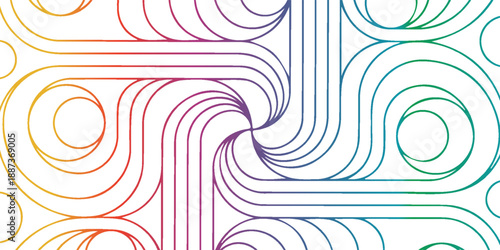 abstract composition of interwoven curved lines forming spirals and loops in a rainbow gradient. Suitable for modern design, backgrounds, branding,
