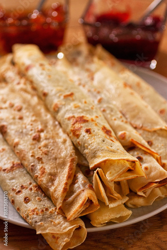 Pancakes with jam, morning shot, jam on background