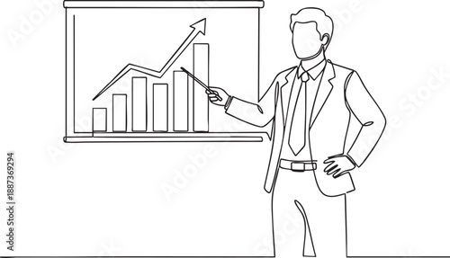A professional businessman in a suit draws a rising bar chart and arrow on a vector illustration to represent financial growth and corporate success