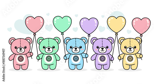 Cute teddy bears holding colorful heart shaped balloons