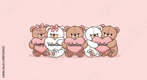 Cute teddy bears celebrating Valentine's Day with heart balloons