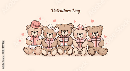 Adorable teddy bears holding gifts on Valentine's Day