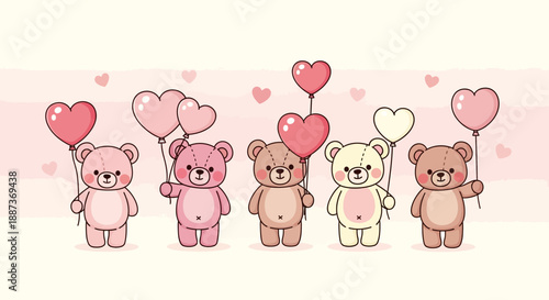 Cute teddy bears holding heart balloons in sweet celebration