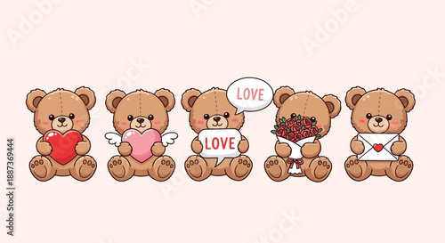 Adorable teddy bears expressing love with hearts and flowers