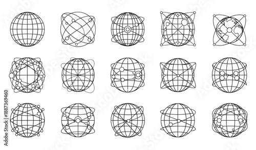Abstract wireframe globe icon vector set with geometric planet earth symbols isolated on transparent background