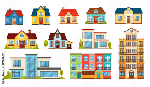 Town and cottage residential house exterior flat vector set isolated on transparent background